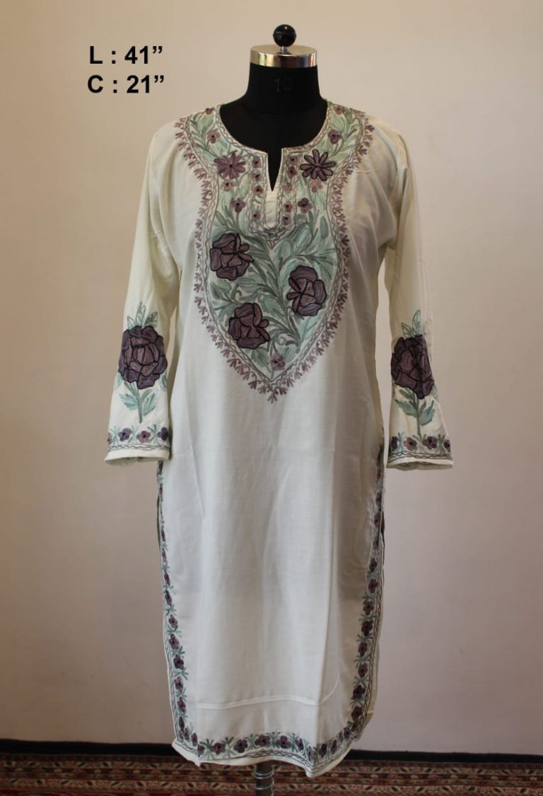 White Flower Summer Cool Aari Work Kurta