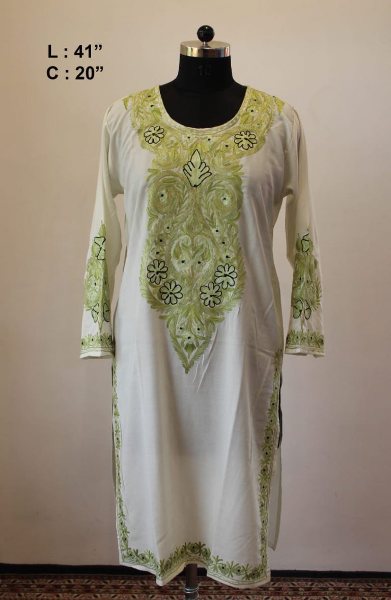 White Light Green Flower Summer Cool Aari Work Kurta