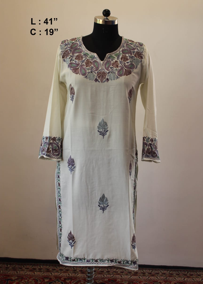 White Multi Design Summer Cool Aari Work Kurta