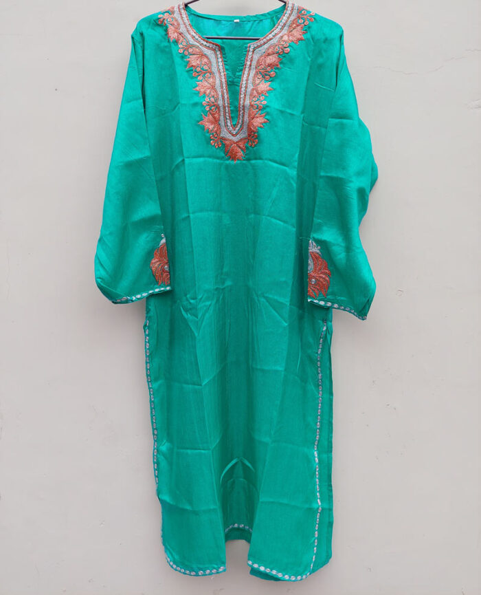 Turquoise Shimmer Silk Traditional Tilla Work Kurta