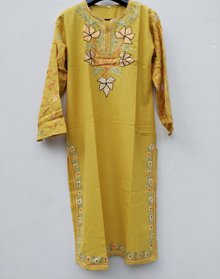 Yellow Flowery Cotton Aari Work Kurta