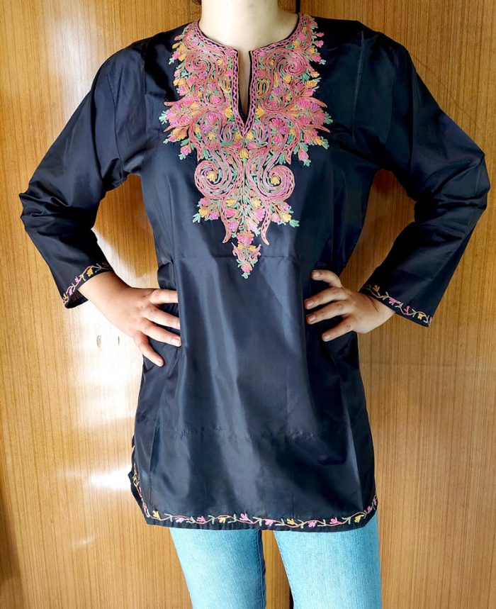 Black Silk Shahi Aari Work Kurti