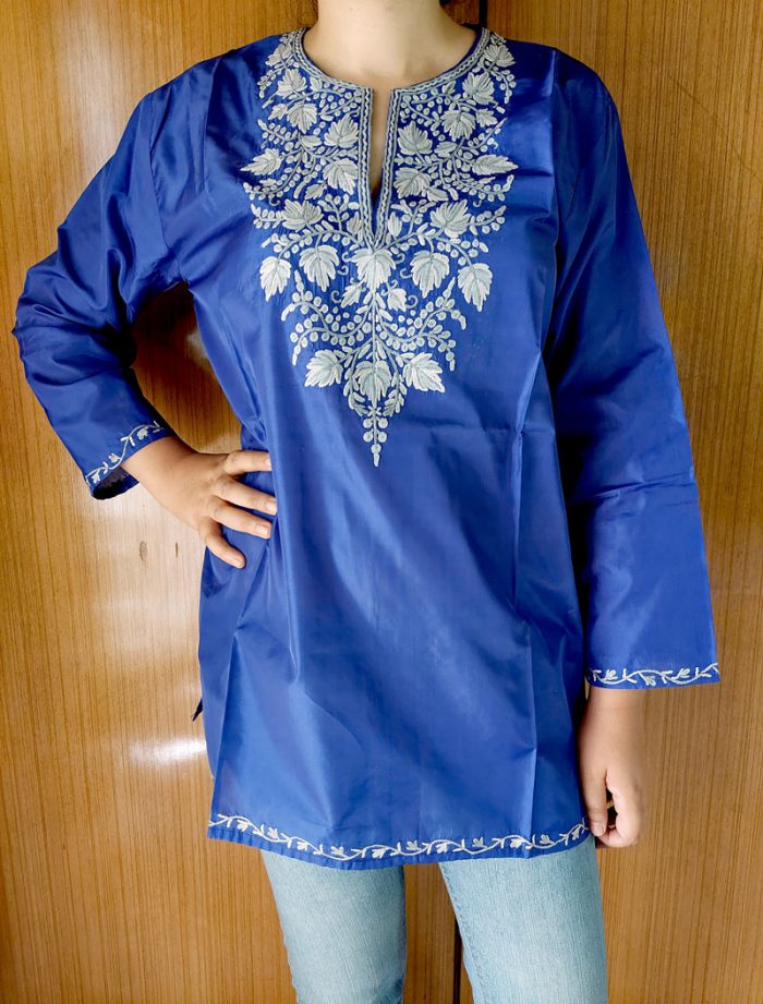 Blue Silk Phulai Aari Work Kurti