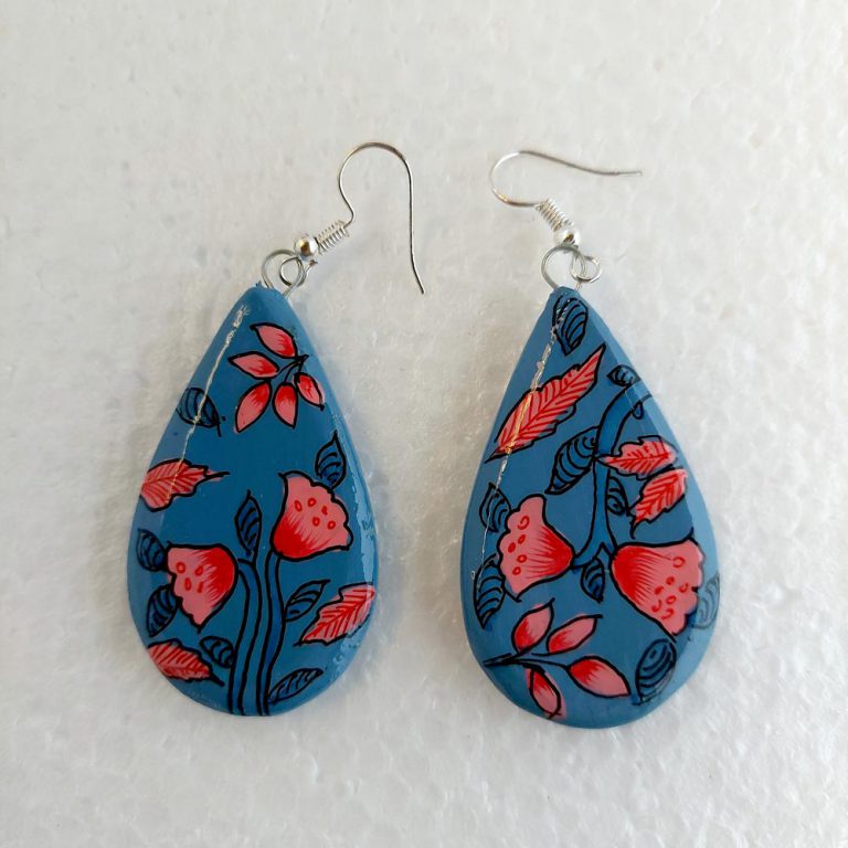 Blue with Red Flower Paper Mache Earrings