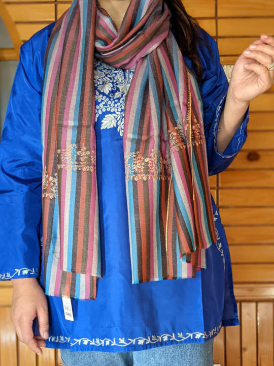 Classic Striped Pashmina Stole With Hand Sozni Embroidery