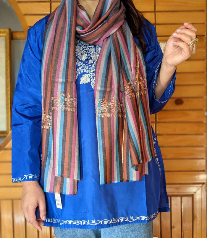 Classic Striped Pashmina Stole With Hand Sozni Embroidery