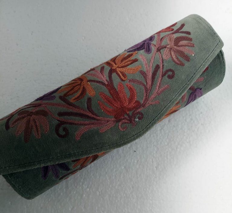 Greenish Cylindrical Shaped Clutch with Crewel Embroidery