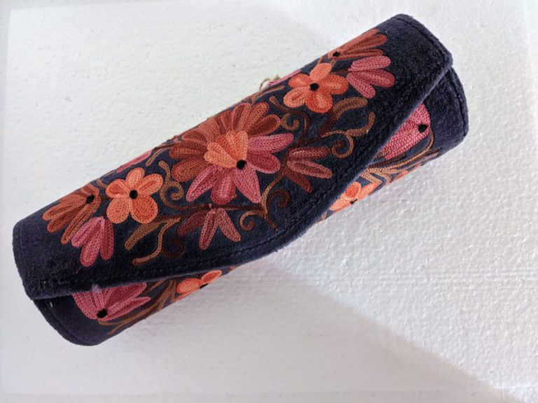Dark Blue Cylindrical Shaped Clutch with Crewel Embroidery