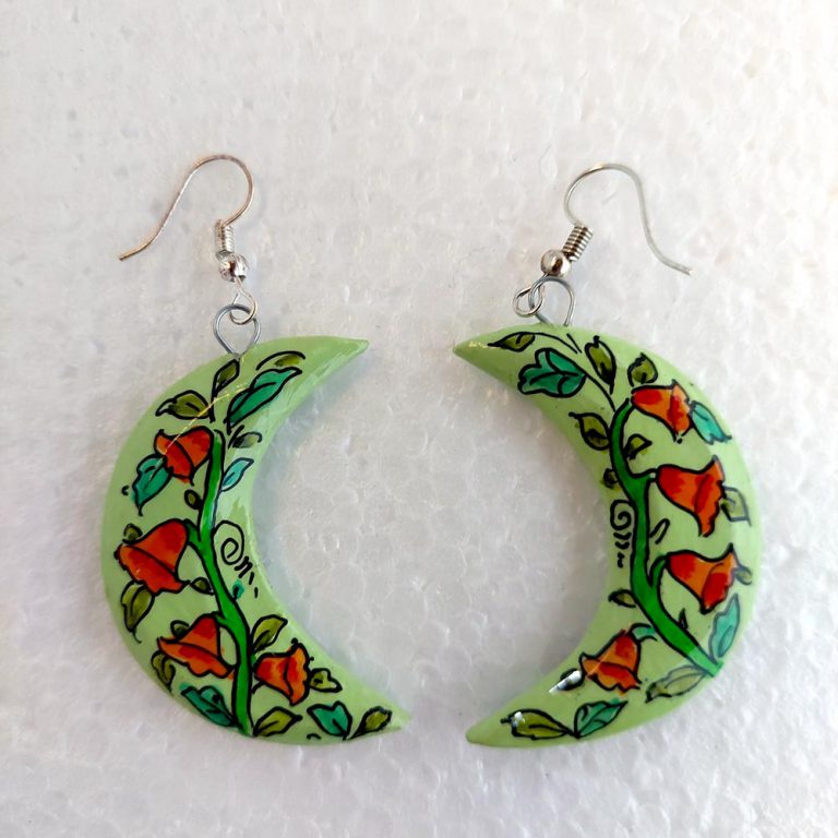 Green with Red Flower Paper Mache Earrings