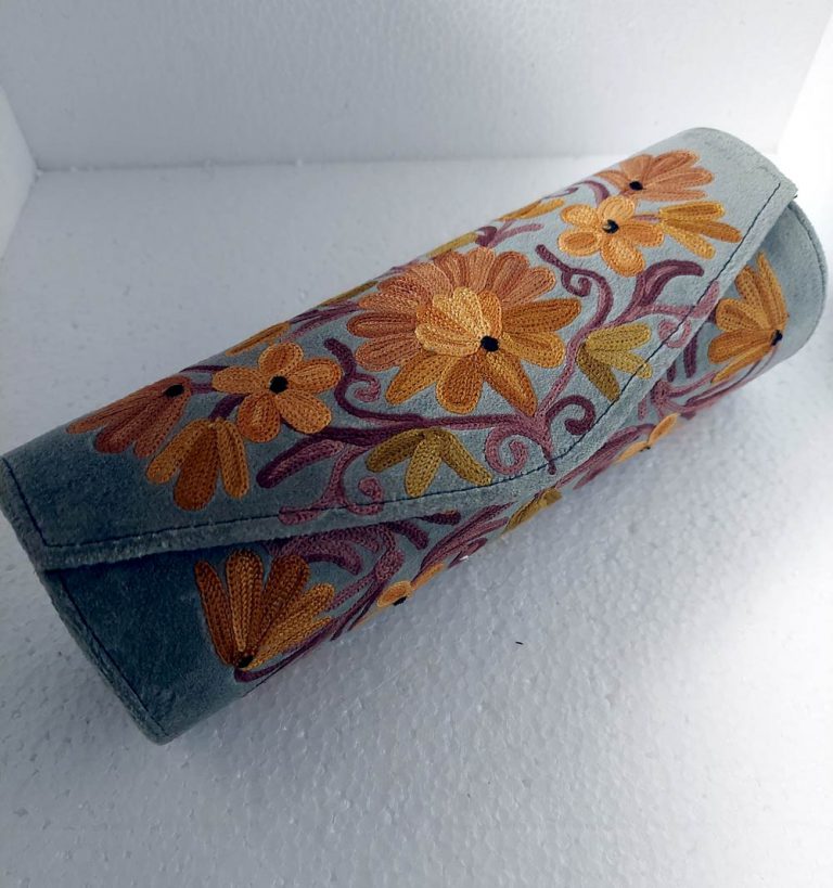 Greenish Grey Cylindrical Shaped Clutch with Crewel Embroidery