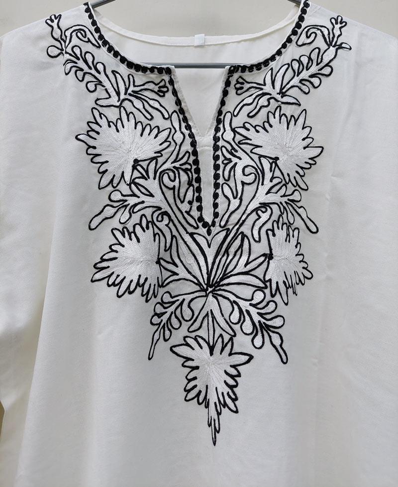 White Black Cotton Aari Work Kurta - Image 2