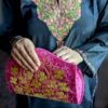 Pink Cylindrical Shaped Clutch with Crewel Embroidery