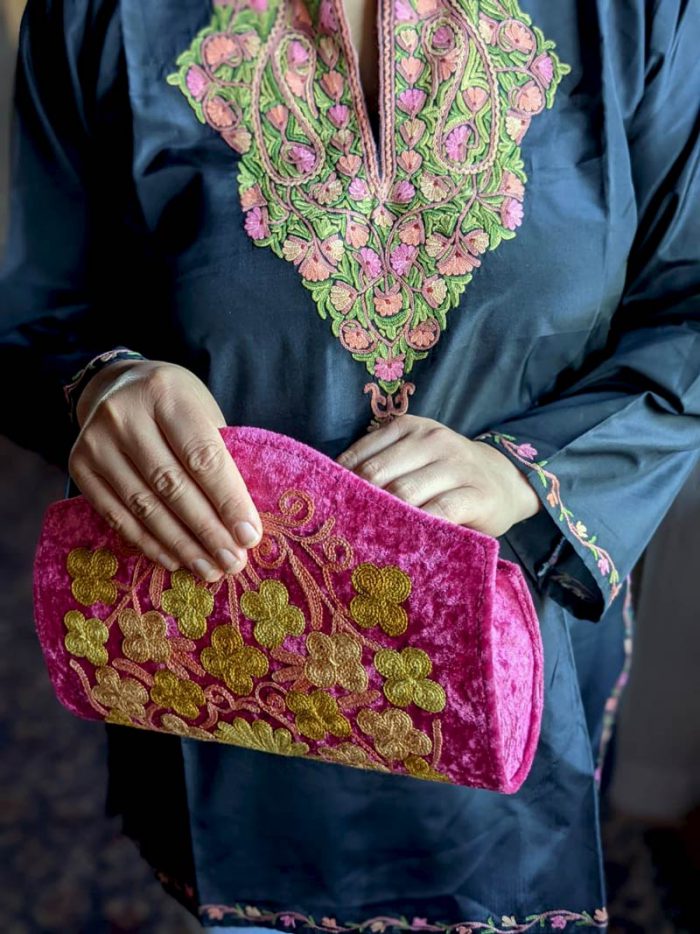 Pink Cylindrical Shaped Clutch with Crewel Embroidery