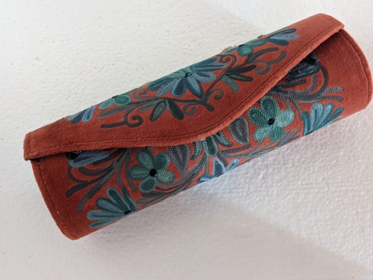 Maroon Cylindrical Shaped Clutch with Crewel Embroidery