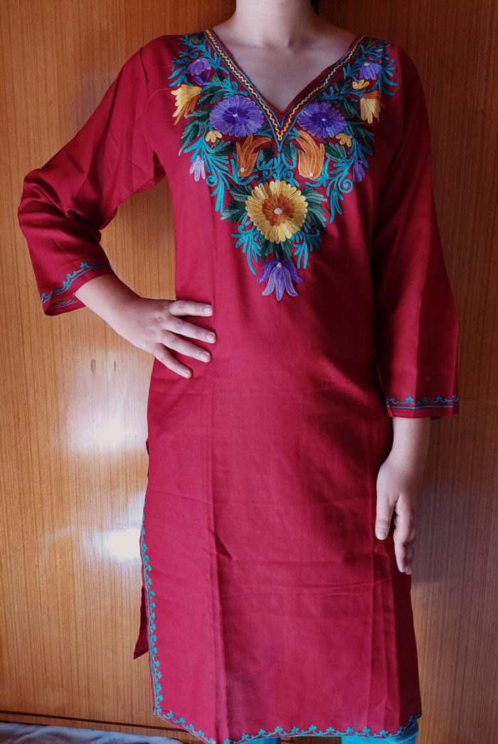 Maroon Summer Cool Floral Aari Work Kurta