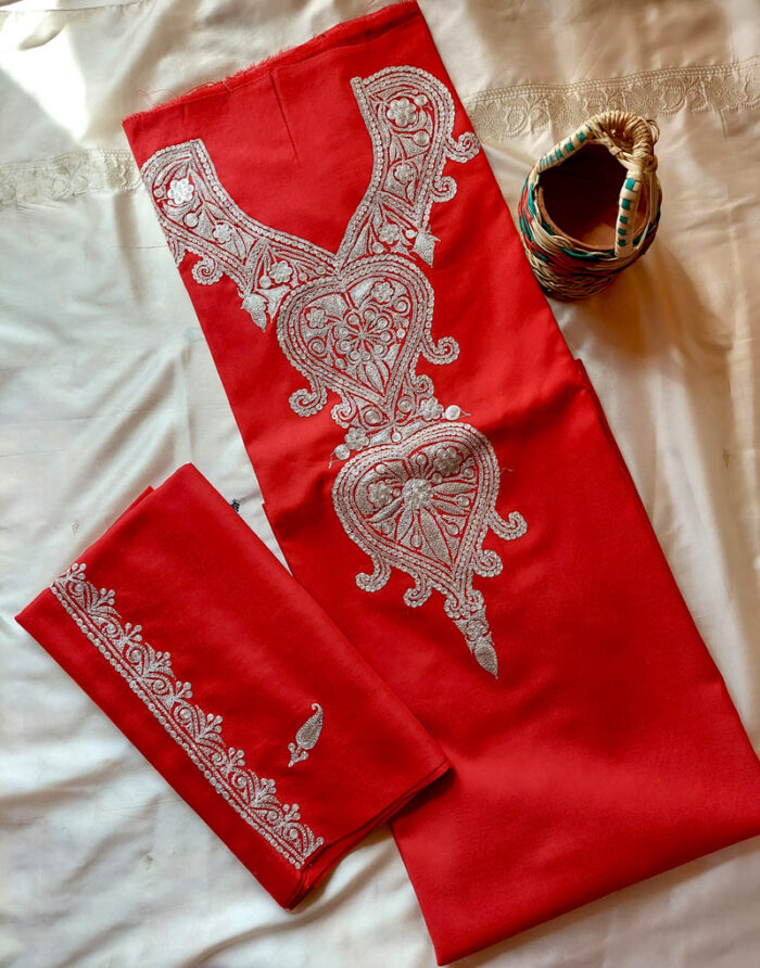 3Pc Luxury Maroon Polywool Tillawork Suit With Stole