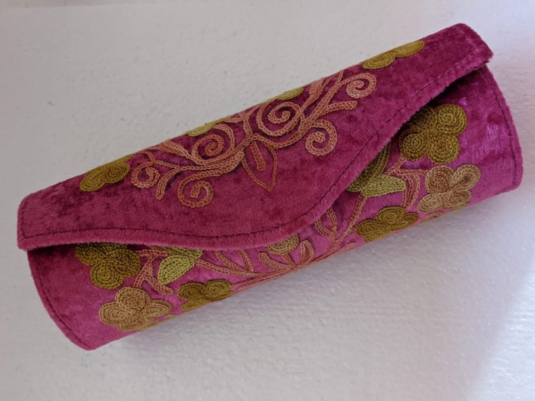 Pink Cylindrical Shaped Clutch with Crewel Embroidery - Image 2