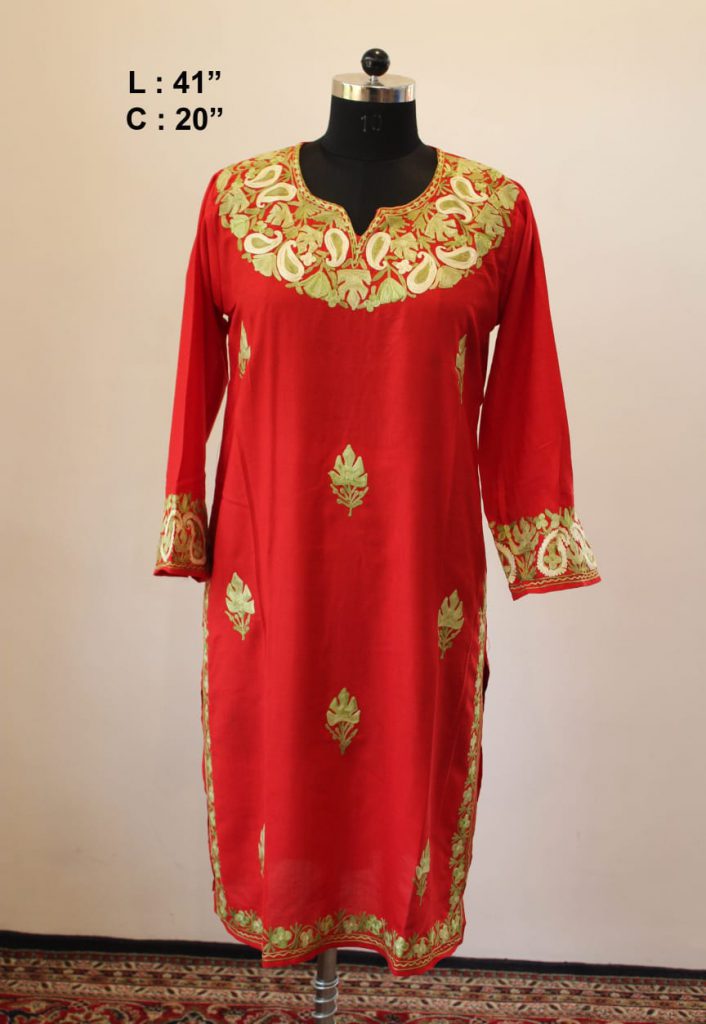 Red Cotton Aari Work Kurta