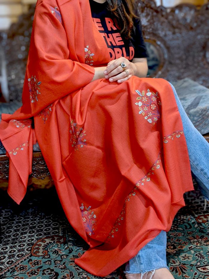 Red Pashmina Stole With Hand Sozni Embroidery