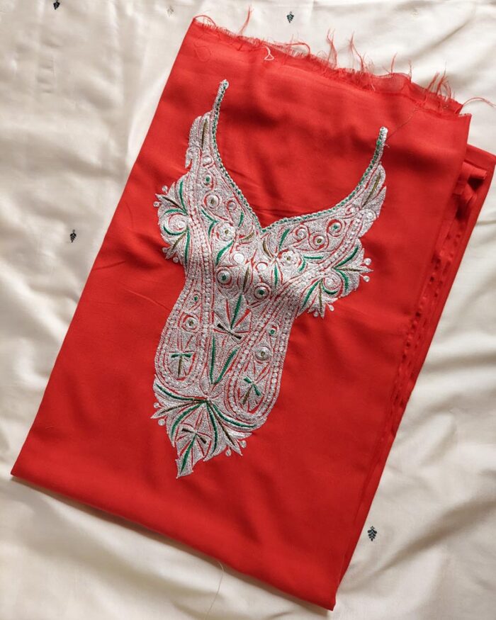 Red Silver Summer Cool Tilla Embroidery Suit