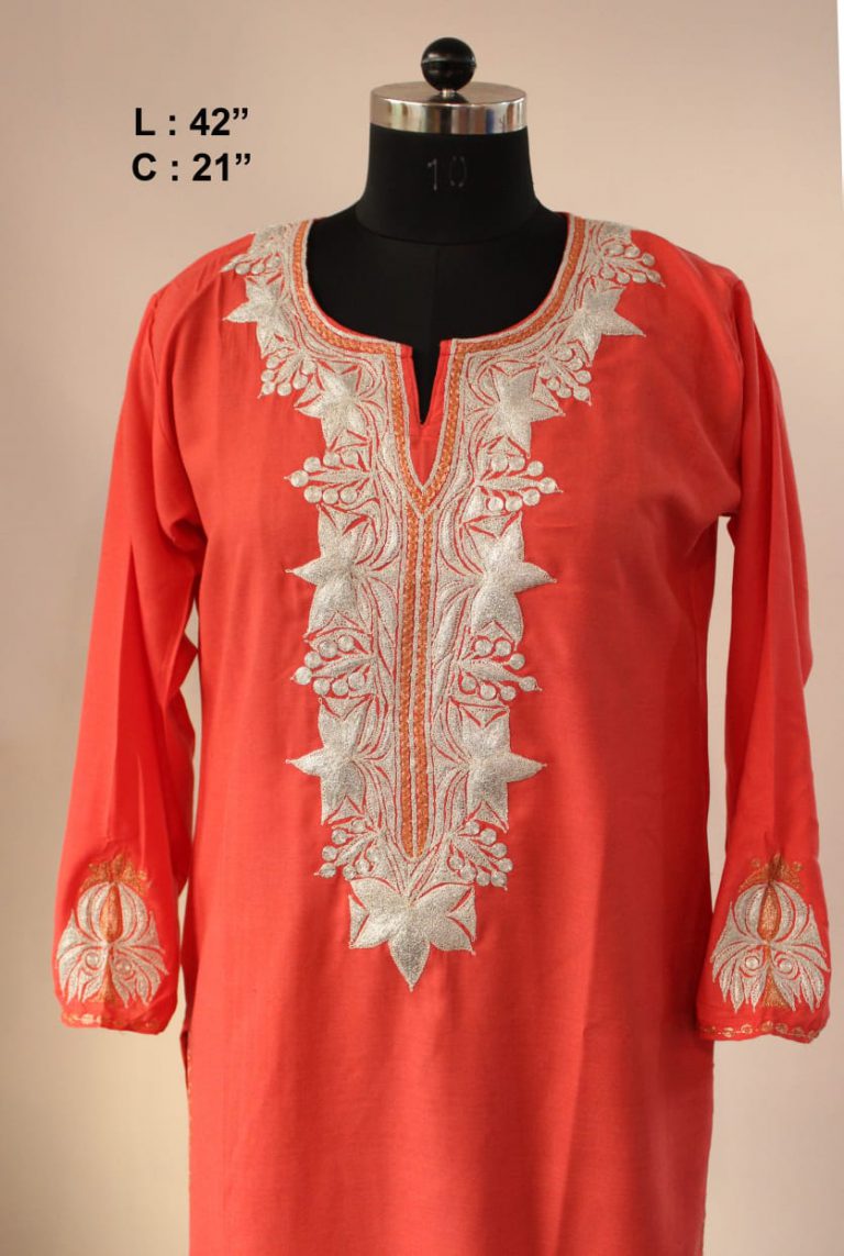 Red Cotton Bodh Rouph Tilla Work Kurta
