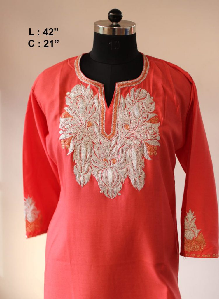 Red Cotton Rouph Tilla Work Kurta