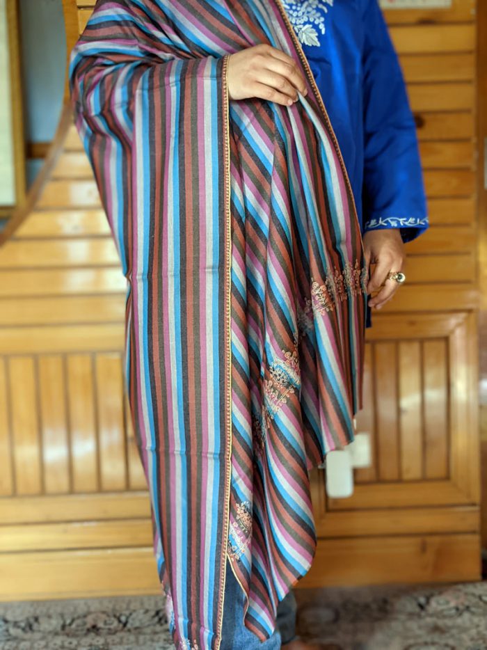 Classic Striped Pashmina Stole With Hand Sozni Embroidery - Image 2