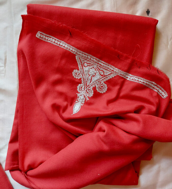 3Pc Luxury Maroon Polywool Tillawork Suit With Stole - Image 3
