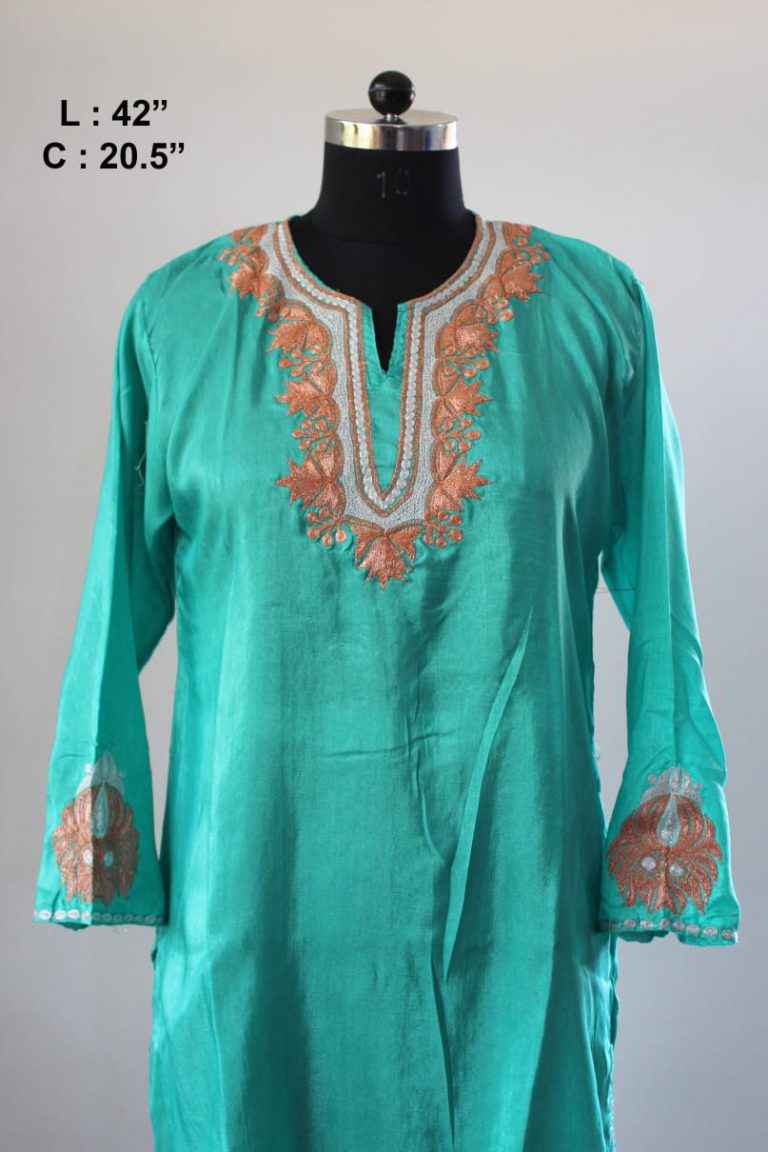 Turquoise Shimmer Silk Traditional Tilla Work Kurta - Image 2