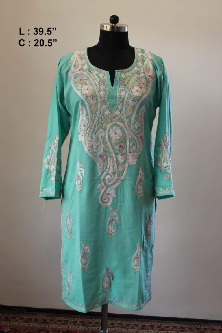 Turquoise Cotton Aari Work Kurta