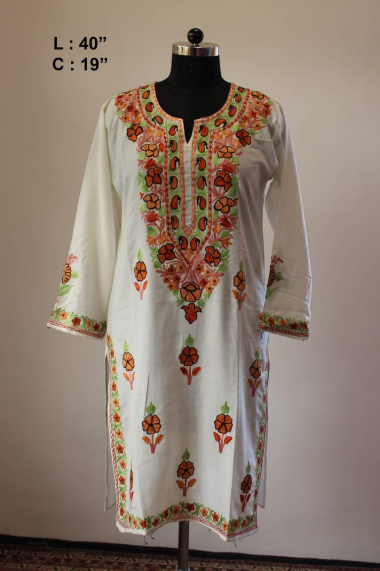 White Red Cotton Aari Work Kurta