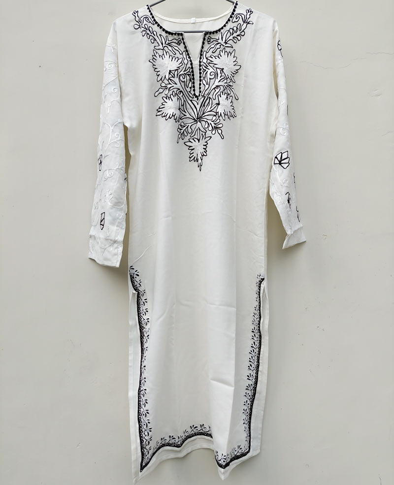 White Black Cotton Aari Work Kurta