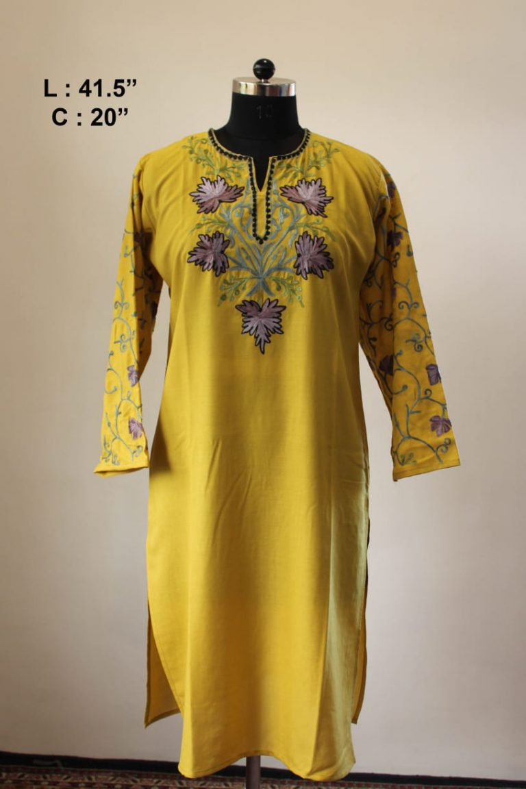 Yellow Purple Cotton Aari Work Kurta
