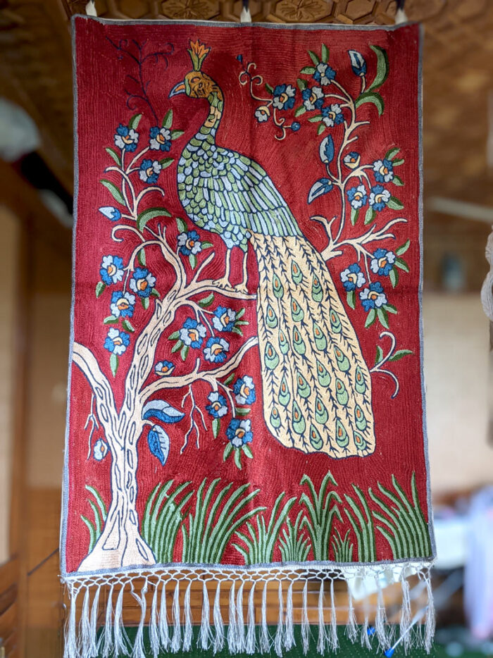 Peacock on a Tree Silk Hand Embroidered Chainstitch Wall Hanging - Image 3