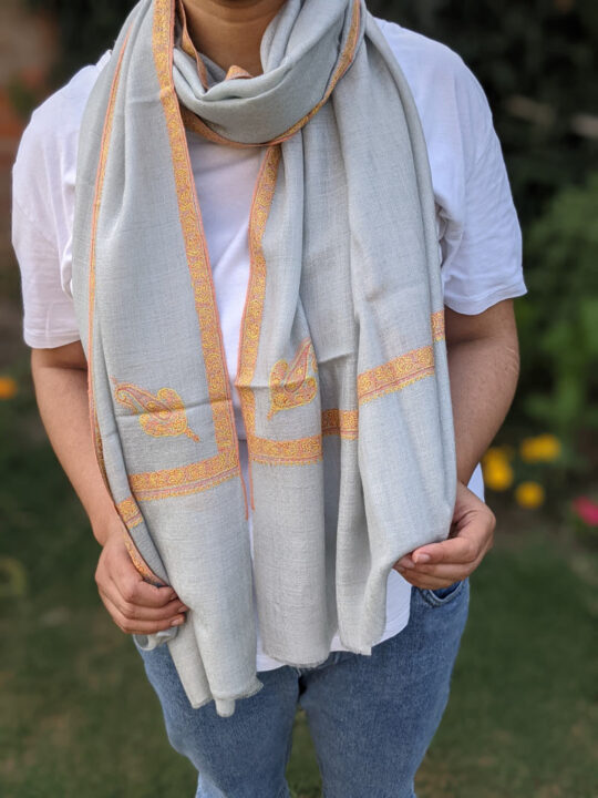 Natural Grey Pashmina Stole With Hand Sozni Embroidery