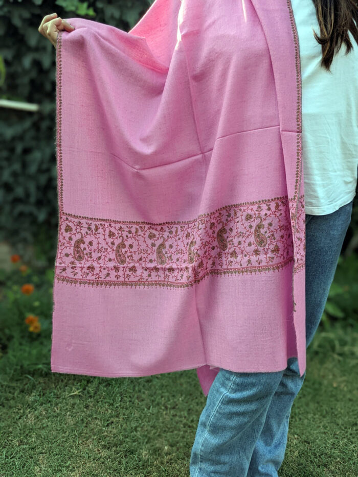 Pink Pashmina Stole With Hand Sozni Embroidery - Image 2