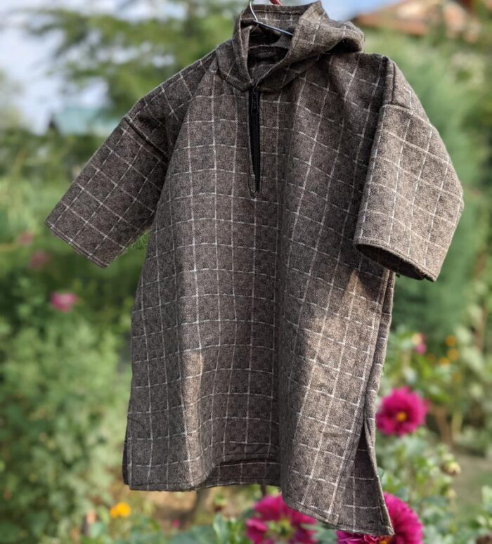 Brown Kids Traditional Kashmiri Checkered Pheran With Hoodie