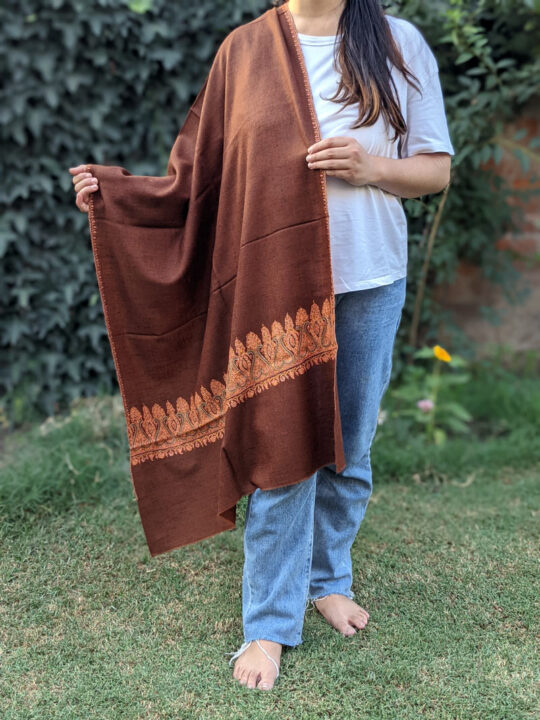 Mahogany Brown Pashmina Stole With Hand Sozni Embroidery