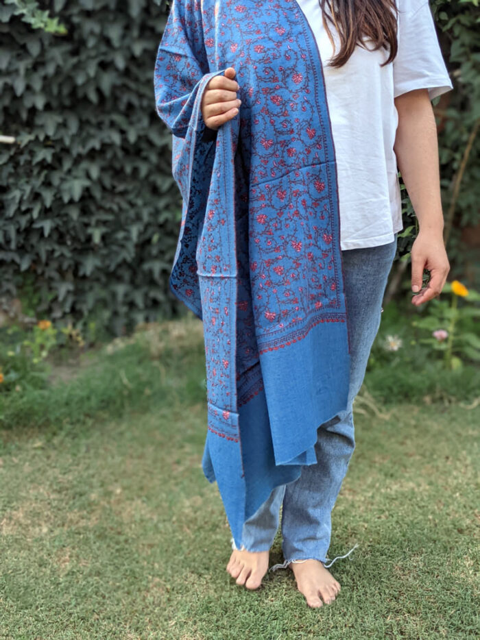 Prussian Blue Pashmina Sozni Jalidar Stole - Image 2