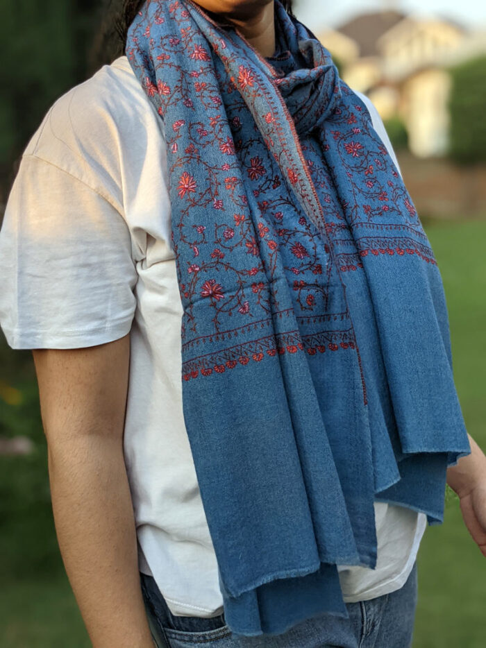 Prussian Blue Pashmina Sozni Jalidar Stole