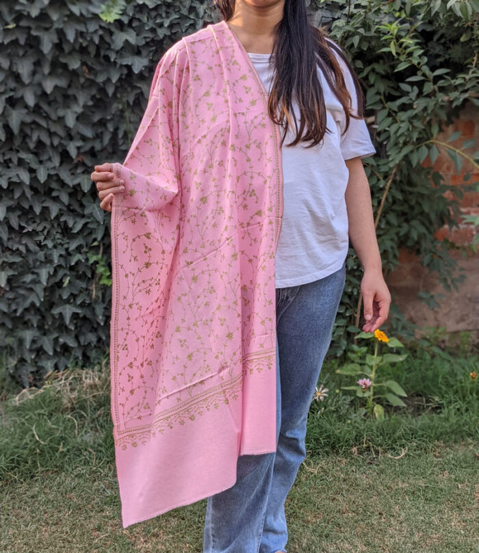 Salamon Pink Pashmina Sozni Jalidar Stole - Image 2