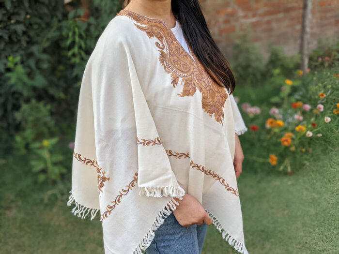 Soft White Kashmiri Hand Aari Embroidery Poncho - Image 2