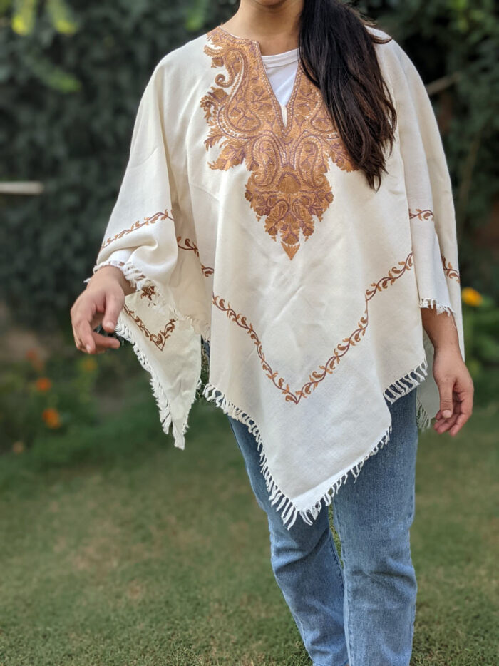 Soft White Kashmiri Hand Aari Embroidery Poncho