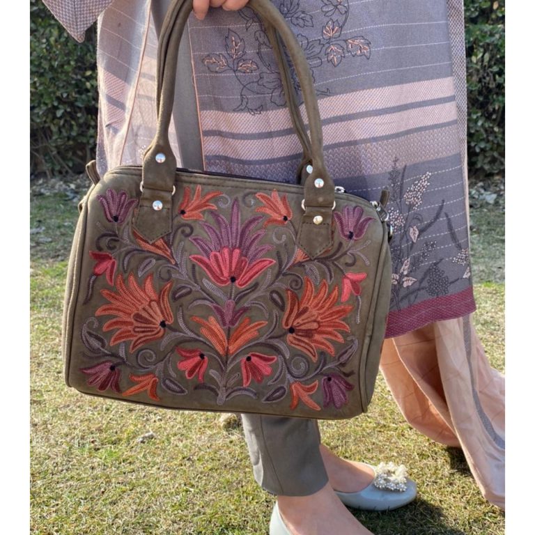 Suede Handbag Cum Sling With Crewel Embroidery