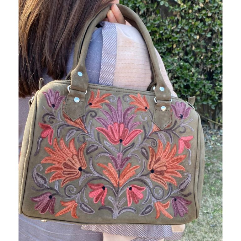 Suede Handbag Cum Sling With Crewel Embroidery - Image 2