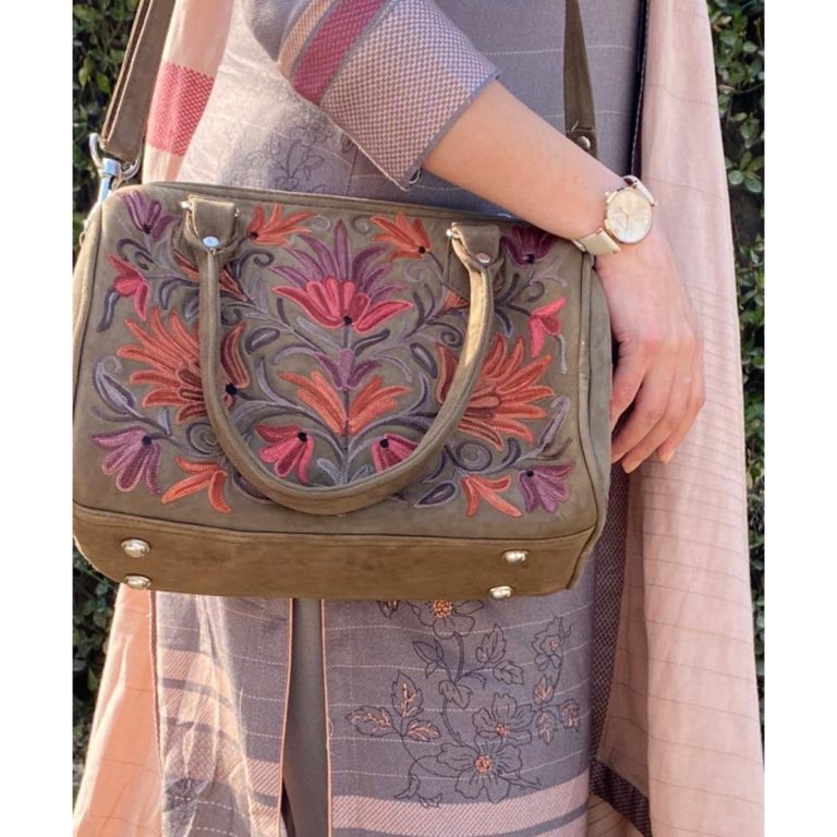 Suede Handbag Cum Sling With Crewel Embroidery - Image 3