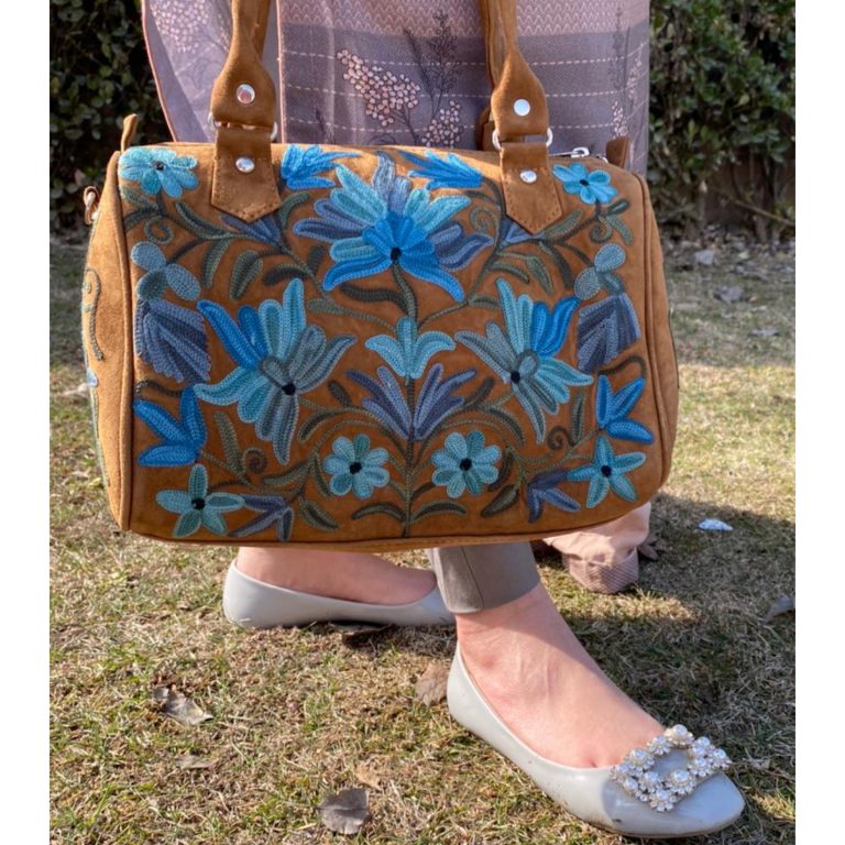 Suede Handbag Cum Sling With Crewel Embroidery