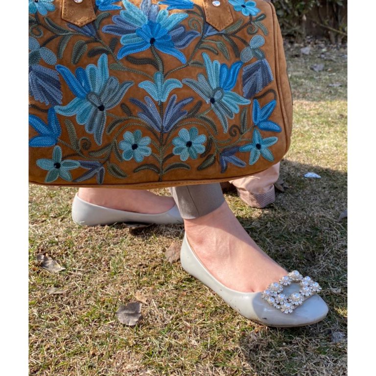 Suede Handbag Cum Sling With Crewel Embroidery - Image 3