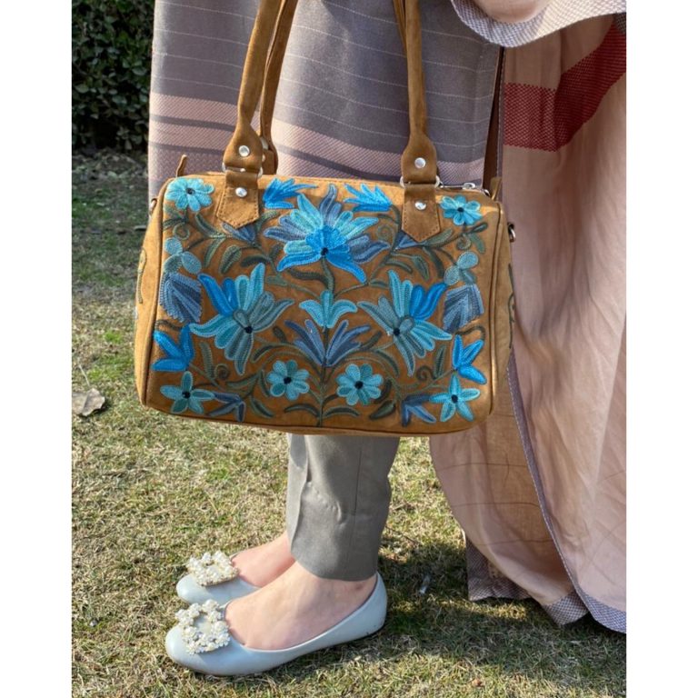 Suede Handbag Cum Sling With Crewel Embroidery - Image 2