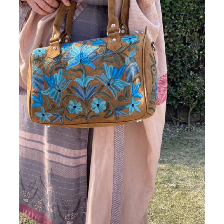 Suede Handbag Cum Sling With Crewel Embroidery - Image 4